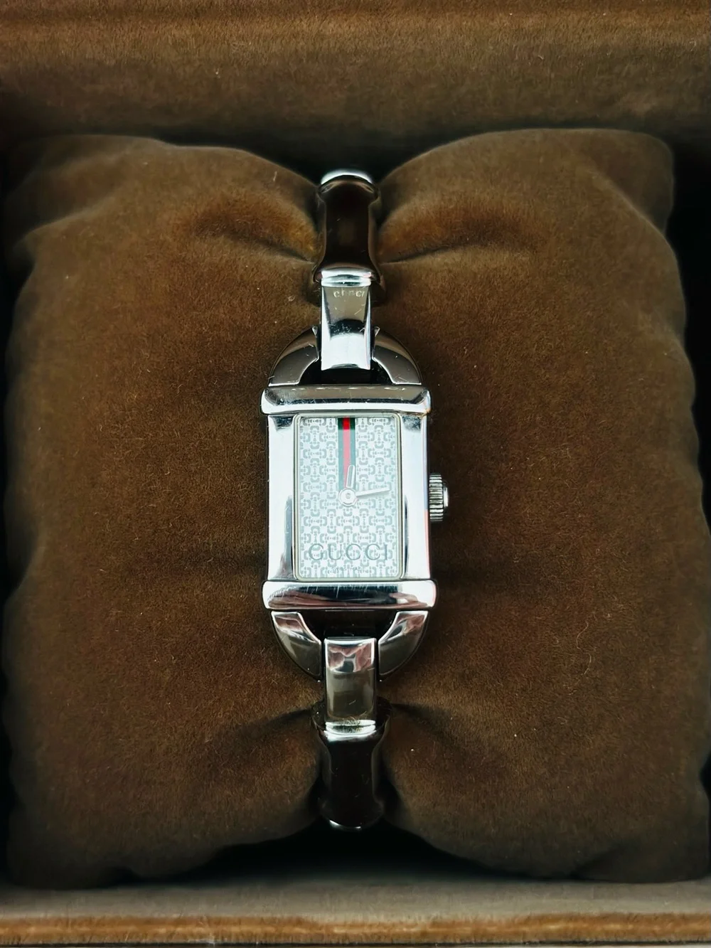 Gucci Silver Rectangular Dial Women's Watch with Bamboo band.